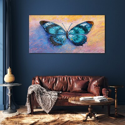 Blue butterfly on pastel background Glass Print