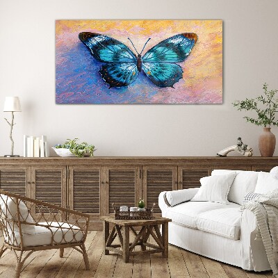 Blue butterfly on pastel background Glass Print