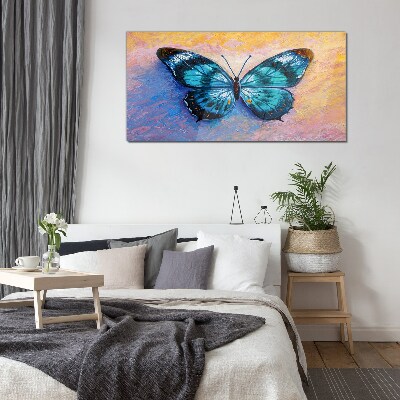 Blue butterfly on pastel background Glass Print
