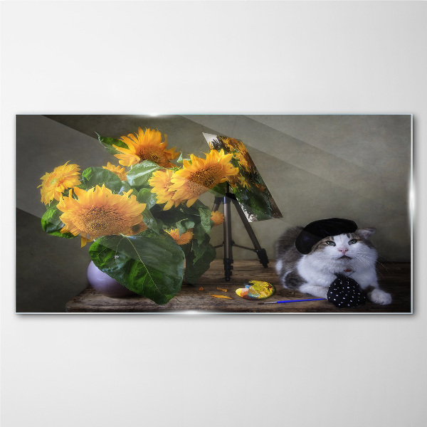 Cats and sunflowers Glass Print