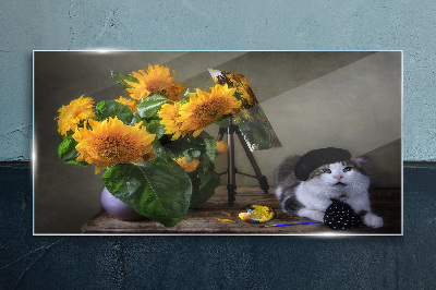 Cats and sunflowers Glass Print