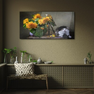 Cats and sunflowers Glass Print