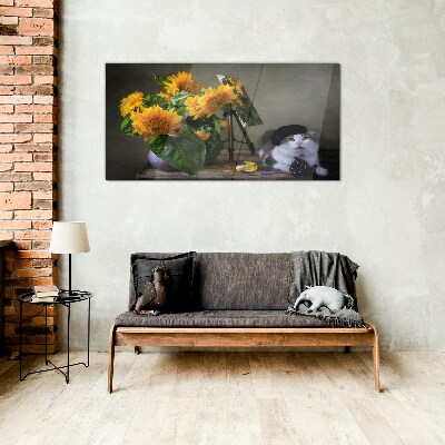 Cats and sunflowers Glass Print
