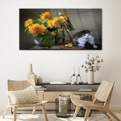 Cats and sunflowers Glass Print