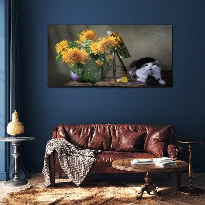 Cats and sunflowers Glass Print