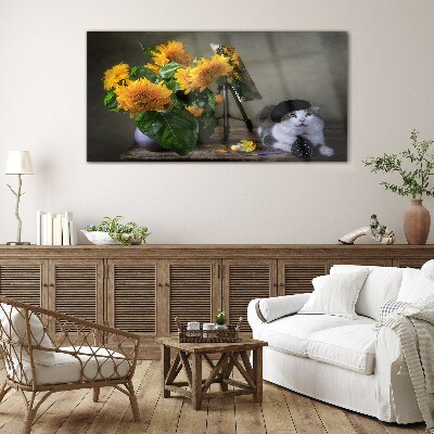 Cats and sunflowers Glass Print