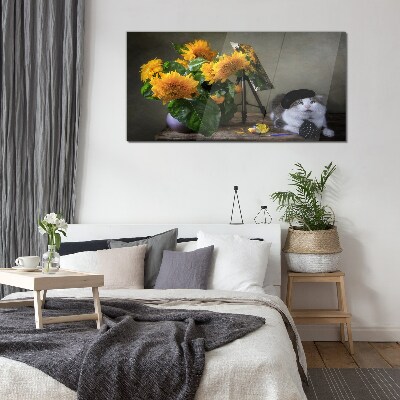 Cats and sunflowers Glass Print