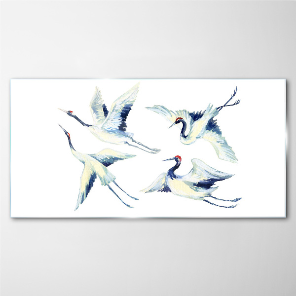 Dancing cranes in the blue Glass Wall Art