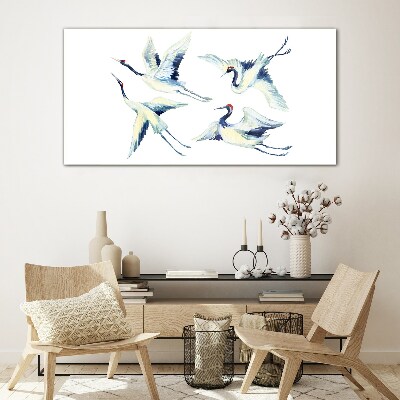 Dancing cranes in the blue Glass Wall Art