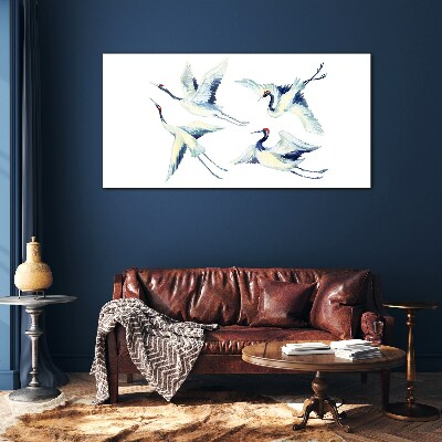 Dancing cranes in the blue Glass Wall Art