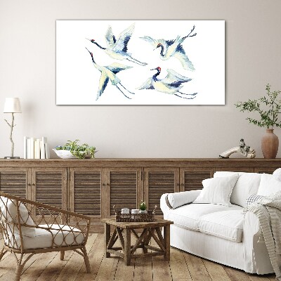 Dancing cranes in the blue Glass Wall Art