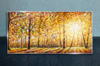 Golden autumn in the forest Glass Print