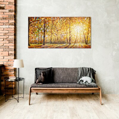 Golden autumn in the forest Glass Print
