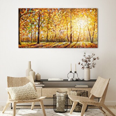 Golden autumn in the forest Glass Print
