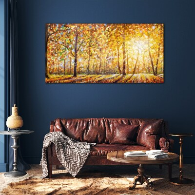Golden autumn in the forest Glass Print