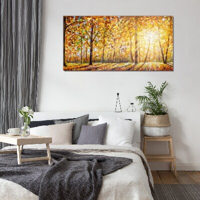 Golden autumn in the forest Glass Print