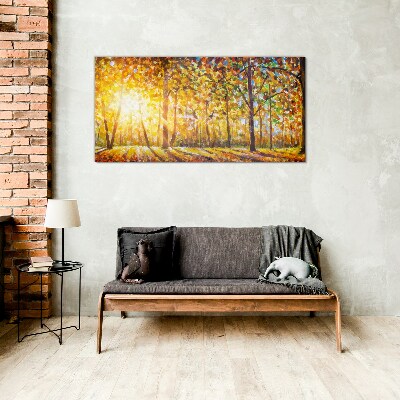 Golden autumn in the forest Glass Print