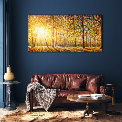 Golden autumn in the forest Glass Print