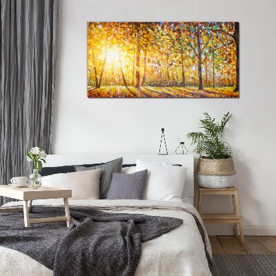 Golden autumn in the forest Glass Print