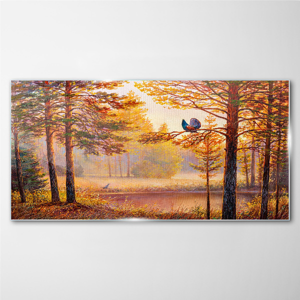 Autumn scenery with birds Glass Print