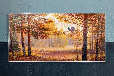 Autumn scenery with birds Glass Print