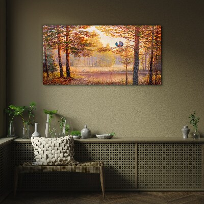 Autumn scenery with birds Glass Print