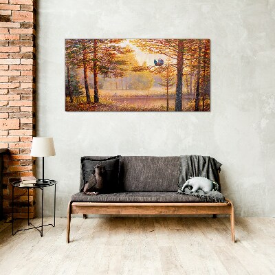 Autumn scenery with birds Glass Print