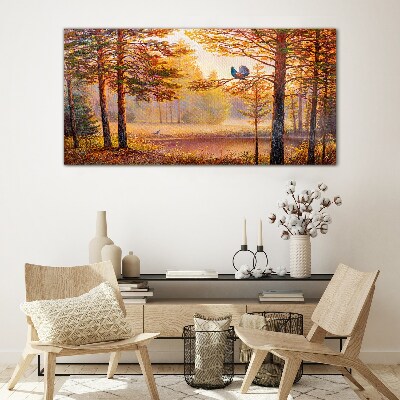 Autumn scenery with birds Glass Print