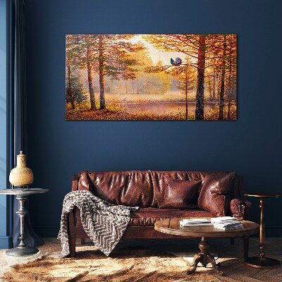 Autumn scenery with birds Glass Print