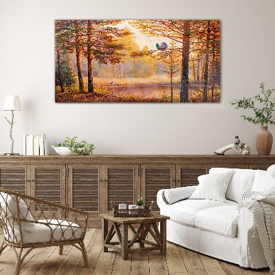 Autumn scenery with birds Glass Print