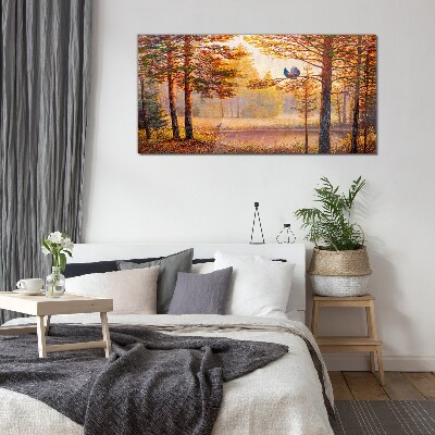 Autumn scenery with birds Glass Print