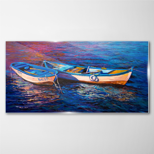 Boats sea water waves Glass Wall Art