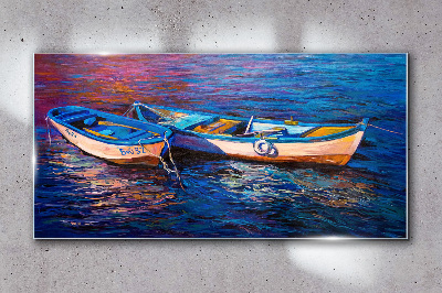 Boats sea water waves Glass Wall Art