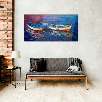 Boats sea water waves Glass Wall Art