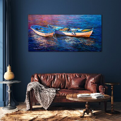 Boats sea water waves Glass Wall Art