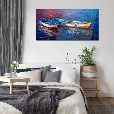 Boats sea water waves Glass Wall Art