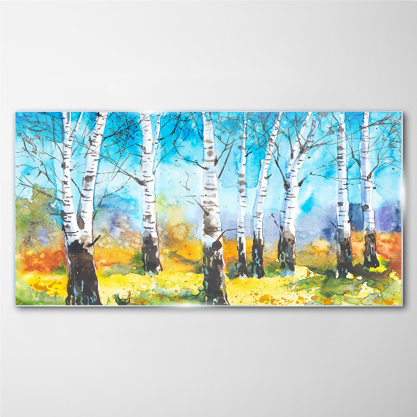 Birch Trees in Vibrant Landscape Glass Print