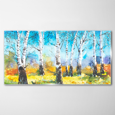 Birch Trees in Vibrant Landscape Glass Print