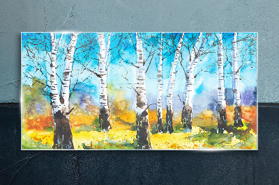 Birch Trees in Vibrant Landscape Glass Print