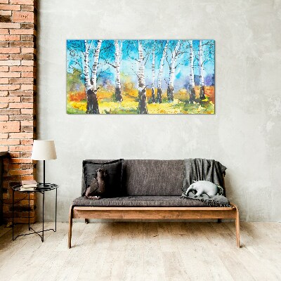 Birch Trees in Vibrant Landscape Glass Print