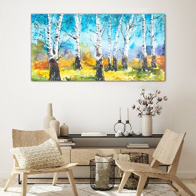Birch Trees in Vibrant Landscape Glass Print