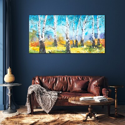 Birch Trees in Vibrant Landscape Glass Print