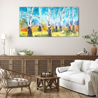 Birch Trees in Vibrant Landscape Glass Print