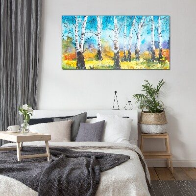 Birch Trees in Vibrant Landscape Glass Print