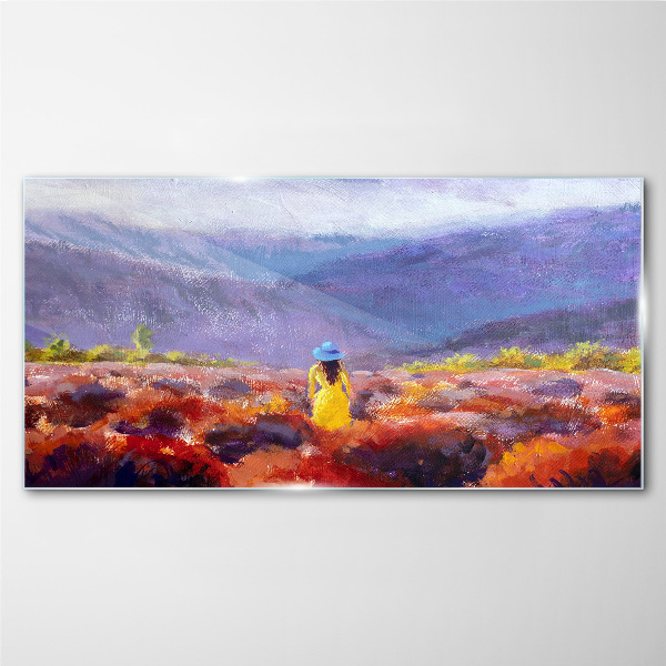 Woman in a purple landscape Glass Print
