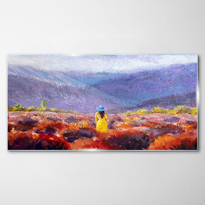 Woman in a purple landscape Glass Print