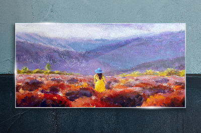 Woman in a purple landscape Glass Print