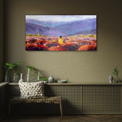 Woman in a purple landscape Glass Print