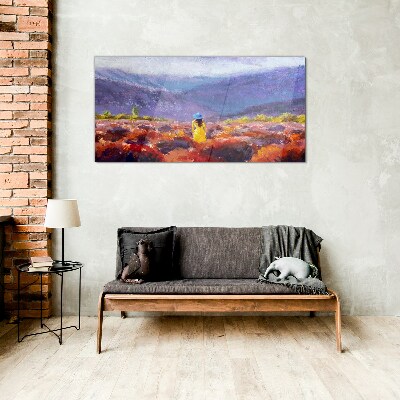 Woman in a purple landscape Glass Print