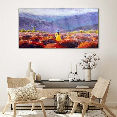 Woman in a purple landscape Glass Print